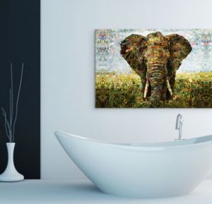Fotomozaiek op aluminium in badkamer
