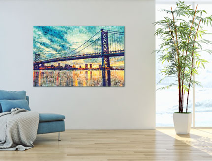 Woning met mozaiek op canvas met foto van brug