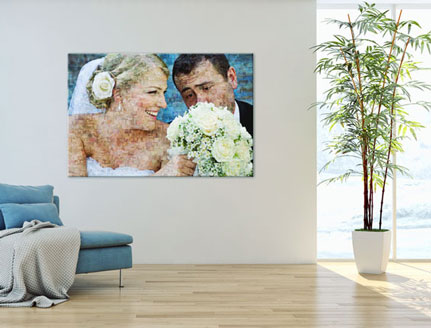 Woning met mozaiek op poster met bruidspaar