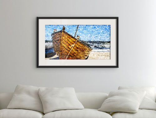 Fotomozaiek als poster met voorbeeld boot op strand