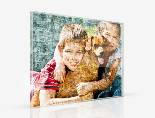 Fotomozaiek op plexiglas met voorbeeld kinderen en hond
